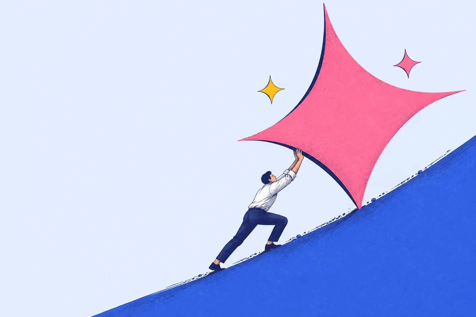 Sisyphus pushing an enormous pink AI sparkle uphill — the human effort behind technological progress.
